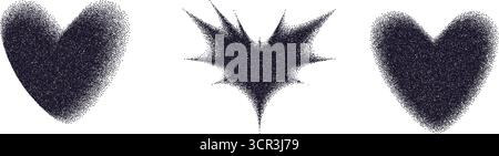 Set di forme cuori con gradiente di rumore nero grana. La datazione rétro Y2K forma icone isolate su sfondo bianco. Effetto trendy con texture a puntini sfocati. VEC Illustrazione Vettoriale