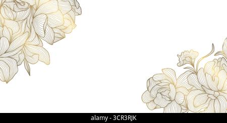 Elegante sfondo vettoriale floreale, motivo a linee dorate, peonie e foglie, stile artistico decorativo asiatico. Invito al matrimonio di lusso, Modern card Illustrazione Vettoriale