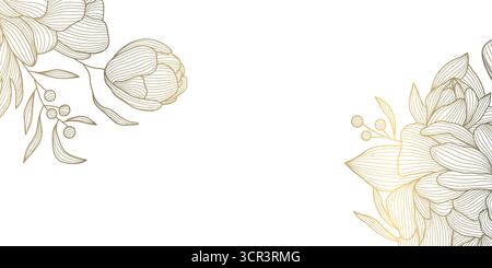 Elegante sfondo vettoriale floreale, motivo a linee dorate, peonie e foglie, stile artistico decorativo asiatico. Invito al matrimonio di lusso, Modern card Illustrazione Vettoriale