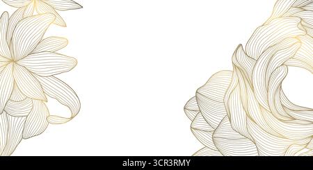 Elegante sfondo vettoriale floreale, motivo a linee dorate, peonie e foglie, stile artistico decorativo asiatico. Invito al matrimonio di lusso, Modern card Illustrazione Vettoriale