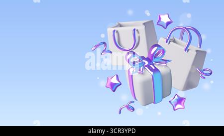 Sfondo per lo shopping natalizio con regalo di compleanno in 3d, borse regalo e coriandoli per feste in volo. Illustrazione Vettoriale