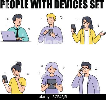 Persone con dispositivi impostati. I personaggi femminili e maschili utilizzano smartphone, laptop, tablet e parlano, digitano, scrivono SMS, chattare. Con il contorno del doodle aziendale Illustrazione Vettoriale