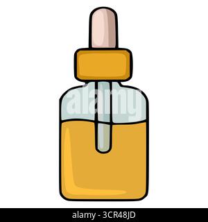 Immagine vettoriale minimalista di un flacone contagocce riempito con liquido dorato, che rappresenta la cura della pelle o il siero cosmetico. Illustrazione Vettoriale