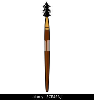 Illustrazione vettoriale stilizzata di una singola spazzola per ciglia con testina a setole scure e lunga impugnatura marrone, isolata su sfondo bianco. Illustrazione Vettoriale
