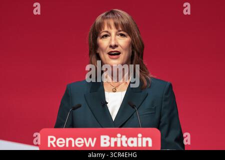 Liverpool, Regno Unito. 29 settembre 2025. Rachel Reeves MP, Cancelliere dello Scacchiere indirizzi Conferenza durante la Conferenza annuale del Partito del lavoro 2025 giorno 2 presso l'ACC, Liverpool, Regno Unito, 29 settembre 2025 (foto di Mark Cosgrove/News Images) Credit: News Images Ltd/Alamy Live News Foto Stock