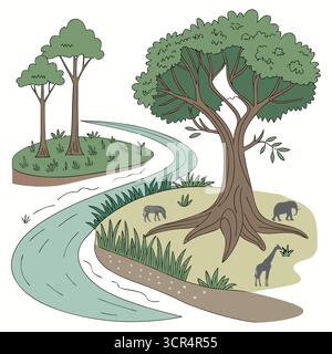 Flora e fauna selvatiche con animali del fiume, della foresta e della savana Illustrazione Vettoriale