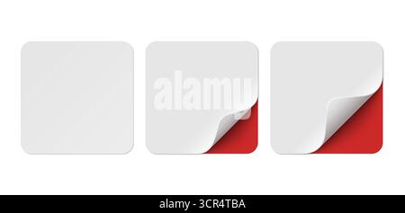 Set vettoriale di adesivi quadrati di carta bianca con angolo rosso isolato su sfondo trasparente. Adesivi quadrati realistici curvi con ombre morbide. Illustrazione Vettoriale