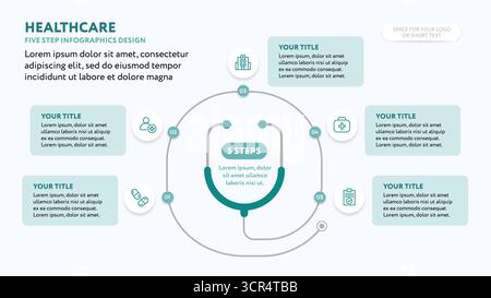Infografiche sanitarie progettazione di modelli in 5 fasi con stetoscopio - per diapositiva di presentazione aziendale medica - illustrazione vettoriale Illustrazione Vettoriale