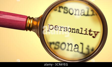 Personalità sotto la lente d'ingrandimento. Analisi e ispezione approfondite della personalità. Un'occhiata più da vicino alla personalità. Esame del concetto o Foto Stock