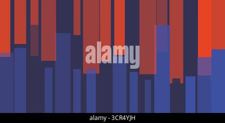 Texture geometrica astratta con strati di rettangoli verticali rossi e blu stretti su sfondo nero. Design moderno e minimalista, perfetto per l'arte digitale, Illustrazione Vettoriale
