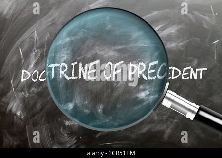 Dottrina del precedente - impararla, studiarla e ispezionarla. Esaminando più da vicino la dottrina del precedente. Una lente d'ingrandimento che ingrandisce la parola "dottrina di pre Foto Stock
