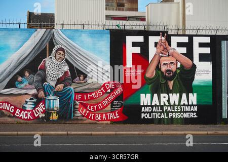 Belfast, Regno Unito 29/09/2025 le immagini mostrano un murale recentemente inaugurato del leader palestinese Marwan Barghouti sul muro internazionale, Divis Street, West Belfast. Il figlio di Barghouti, Arab, ha partecipato all'inaugurazione, richiamando l'attenzione sulla campagna in corso per il rilascio di suo padre Belfast, Irlanda del Nord, credito:HeadlineX/Alamy Live News Foto Stock