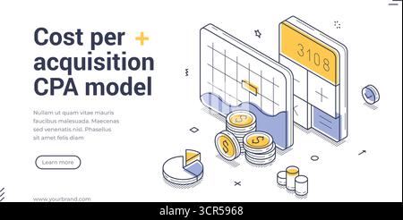 Costo per acquisizione modello CPA pianificazione finanziaria analisi isometrica disegno banner Web modello illustrazione vettoriale linea. Calcolo della contabilità finanziaria Illustrazione Vettoriale