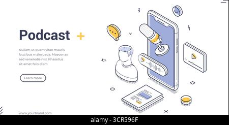 Podcast Internet live show intervista multimediale banner web isometrico design modello linea vettoriale illustrazione. Registrazione musica trasmissione audio online Illustrazione Vettoriale