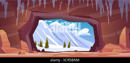 Vista dalla grotta di pietra sulla valle invernale innevata con pini e montagne innevate. Ingresso alla caverna naturale. Foro della gola del tunnel nella roccia. Grotta S Illustrazione Vettoriale