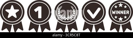Premio Medal or Winners, set di icone di silhouette isolate su sfondo bianco. Garanzia di qualità con nastri, certificati o riconoscimenti sti Illustrazione Vettoriale