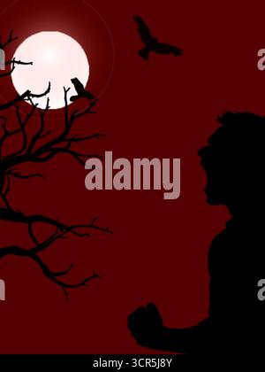 luna piena, chiaro di luna, uccelli volanti, ramo d'albero, uomo urlante, uomo arrabbiato Illustrazione Vettoriale
