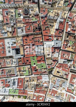 Vista aerea dei tetti di terracotta che si infrangono in un vivace arazzo, punteggiato da stradine strette, Cádiz, Andalusia, Spagna. Foto Stock