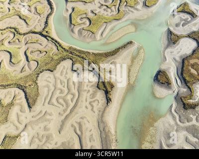 Vista aerea dei tortuosi corsi d'acqua intagliano intricati motivi attraverso la palude, creando un arazzo di sabbia beige e vegetazione verde, la Baia di Cád Foto Stock