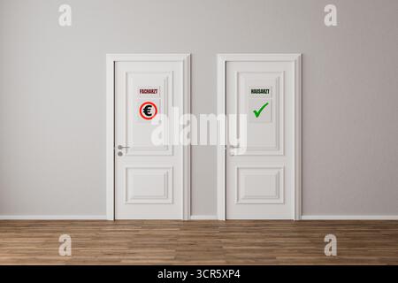 Concetto per discussioni tedesche sulle spese di trattamento quando si consulta direttamente uno specialista medico (Facharzt) e non si utilizza un rinvio da parte di un pra generale Foto Stock