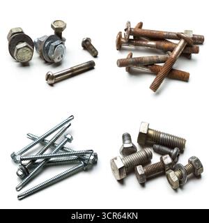 Raccolta di vari tipi di viti, bulloni e dadi disposti in diversi schemi Foto Stock