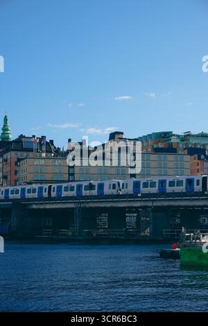 Un treno su un ponte sul fiume Foto Stock
