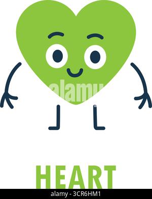 Cuore cartoni animati con faccia, braccia e gambe sorridenti. Divertente personaggio vettoriale per i bambini che imparano forme, poster, giochi e scuola Illustrazione Vettoriale