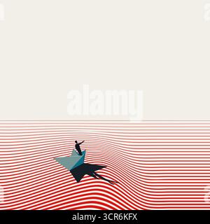 Illustrazione vettoriale di un leader su una barca di carta in un mare volatile. Una potente metafora per affrontare le sfide aziendali, correre rischi, coraggio e. Illustrazione Vettoriale