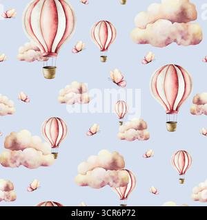Palloncini con cesto, farfalle e nuvole d'aria estive senza cuciture. Acquerello disegnato a mano con la clipart isolata sullo sfondo. Carino Foto Stock