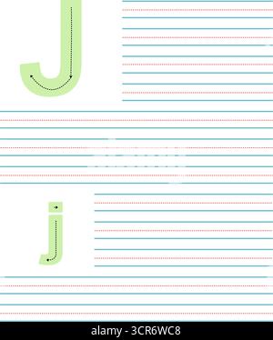 Foglio di lavoro colorato per imparare a scrivere la lettera maiuscola e minuscola J. attività didattica con linee guida per la pratica dell'alfabeto Illustrazione Vettoriale