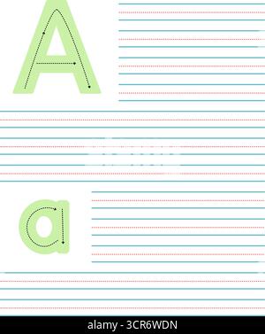 Foglio di lavoro colorato per imparare a scrivere la lettera maiuscola e minuscola A. attività didattica con linee guida per la pratica dell'alfabeto Illustrazione Vettoriale