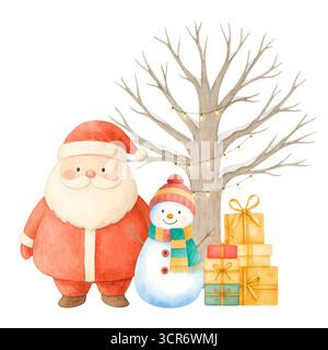 Set Clipart per la scena di Natale degli acquerelli: Babbo Natale, renne, albero di Natale e illustrazioni natalizie Foto Stock