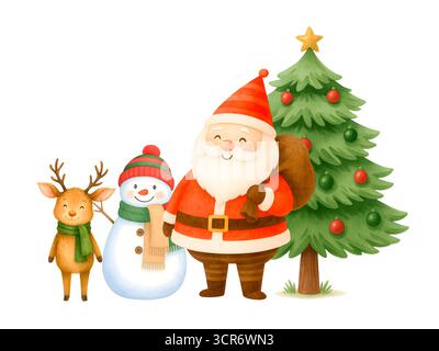 Set Clipart per la scena di Natale degli acquerelli: Babbo Natale, renne, albero di Natale e illustrazioni natalizie Foto Stock