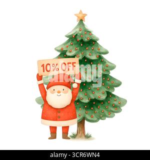 Set Clipart per la scena di Natale degli acquerelli: Babbo Natale, renne, albero di Natale e illustrazioni natalizie Foto Stock