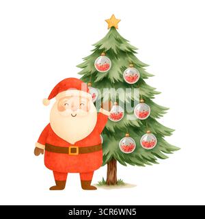 Set Clipart per la scena di Natale degli acquerelli: Babbo Natale, renne, albero di Natale e illustrazioni natalizie Foto Stock