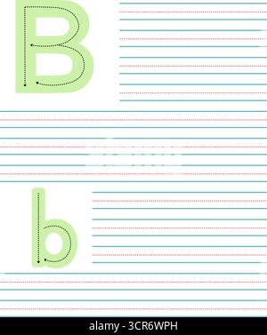 Foglio di lavoro colorato per imparare a scrivere la lettera maiuscola e minuscola B. attività didattica con linee guida per la pratica dell'alfabeto Illustrazione Vettoriale