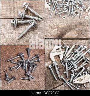 Dispositivi di fissaggio e utensili in metallo misti su superfici in legno per progetti di miglioramento domestico Foto Stock