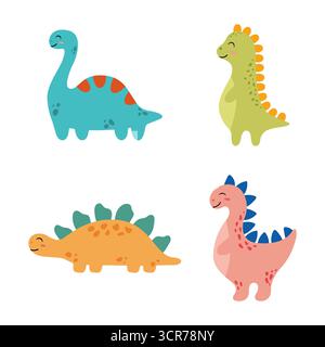 Set di simpatici dinosauri cartoni animati in stile scandinavo. Design colorato per bambini, stampe per bambini. Illustrazione vettoriale isolata su sfondo bianco. Illustrazione Vettoriale