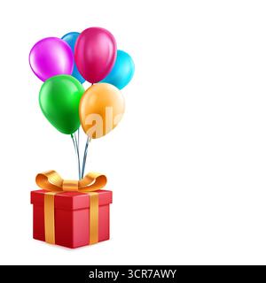 Un'illustrazione digitale di una confezione regalo rossa ornata da un nastro dorato, legata a sei palloncini colorati su sfondo bianco. Illustrazione Vettoriale
