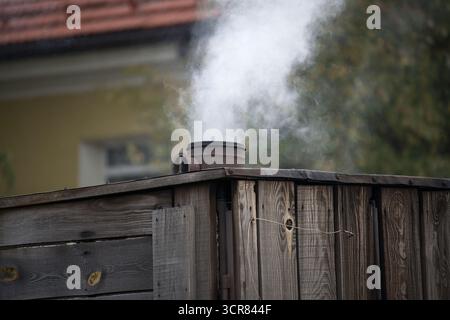 Una vista ravvicinata di una struttura in legno con un camino che emette fumo. Lo sfondo è sfocato, con accenni di un edificio e di alberi. Foto Stock