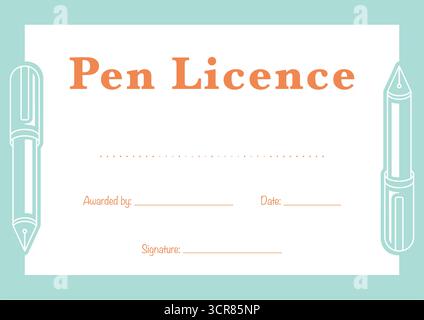 Modello di licenza penna con spazio di copia per i nomi dei bambini che stanno imparando a scrivere a scuola in vettoriale Illustrazione Vettoriale