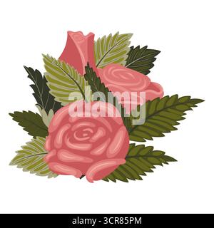 Una composizione di rose rosa, gemme e foglie delicate e cremose e polverose. Illustrazione vettoriale su sfondo bianco. Illustrazione Vettoriale