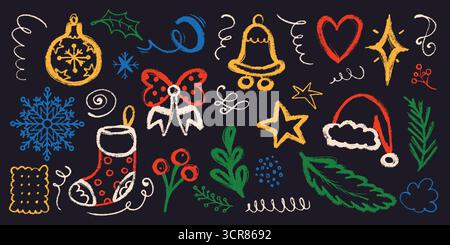 Collezione di elementi natalizi grunge in stile disegnato a mano. Decorazioni divertenti per le vacanze disegnate con linee di pennello ingombranti. Doodle in stile antracite per l'inverno Illustrazione Vettoriale