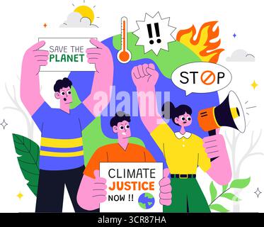 Illustrazione di protesta contro il cambiamento climatico con persone che tengono cartelli con slogan per proteggere l'ambiente, salvare il pianeta e fermare il riscaldamento globale Illustrazione Vettoriale