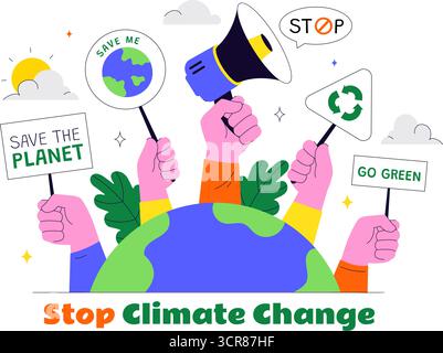 Illustrazione di protesta contro il cambiamento climatico con persone che tengono cartelli con slogan per proteggere l'ambiente, salvare il pianeta e fermare il riscaldamento globale Illustrazione Vettoriale