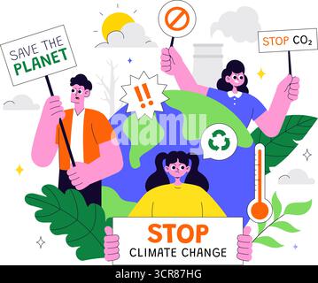 Illustrazione di protesta contro il cambiamento climatico con persone che tengono cartelli con slogan per proteggere l'ambiente, salvare il pianeta e fermare il riscaldamento globale Illustrazione Vettoriale