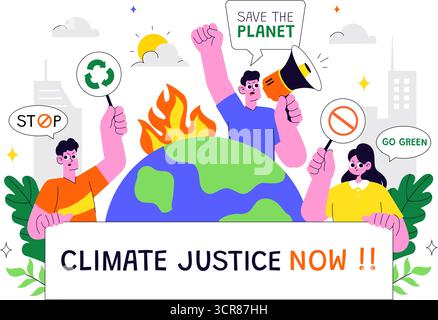 Illustrazione di protesta contro il cambiamento climatico con persone che tengono cartelli con slogan per proteggere l'ambiente, salvare il pianeta e fermare il riscaldamento globale Illustrazione Vettoriale