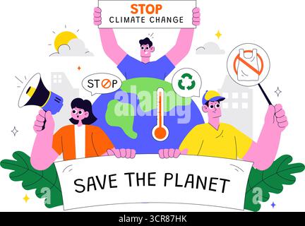 Illustrazione di protesta contro il cambiamento climatico con persone che tengono cartelli con slogan per proteggere l'ambiente, salvare il pianeta e fermare il riscaldamento globale Illustrazione Vettoriale