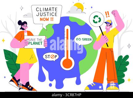Illustrazione di protesta contro il cambiamento climatico con persone che tengono cartelli con slogan per proteggere l'ambiente, salvare il pianeta e fermare il riscaldamento globale Illustrazione Vettoriale