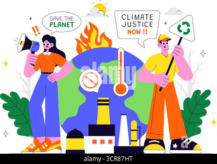 Illustrazione di protesta contro il cambiamento climatico con persone che tengono cartelli con slogan per proteggere l'ambiente, salvare il pianeta e fermare il riscaldamento globale Illustrazione Vettoriale